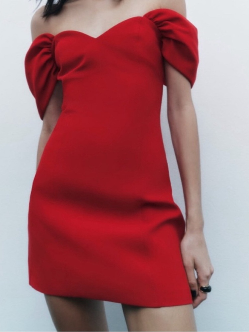 Zara Red Off Shoulder Mini Dress with Puff Sleeve